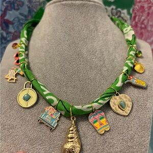 Tropical Boho Bandana Green Charm Necklace with Gold Accents, Ready for Summer!